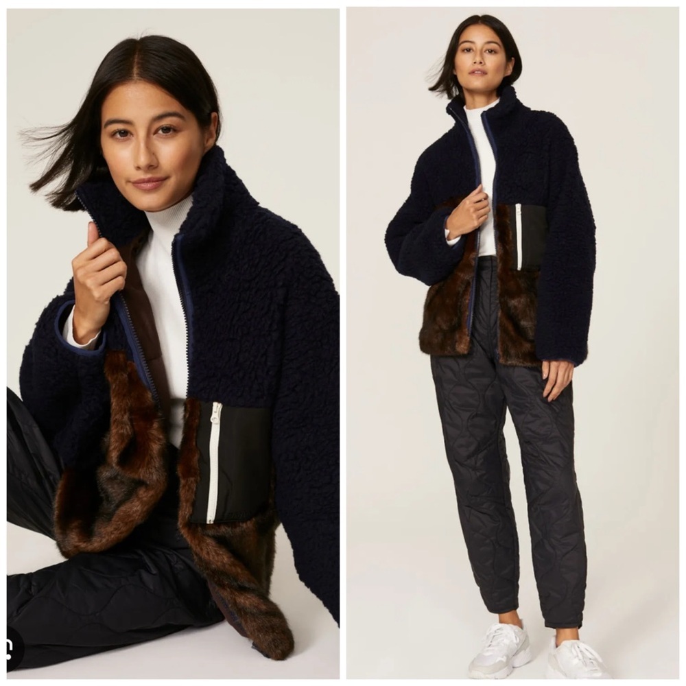 Sandy Liang Cosmic Faux Fur Fleece Jacket Brown Navy Blue Medium